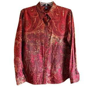 Chaps Womens Large Red Paisley Button Down Shirt 100% Cotton Long Sleeve Blouse